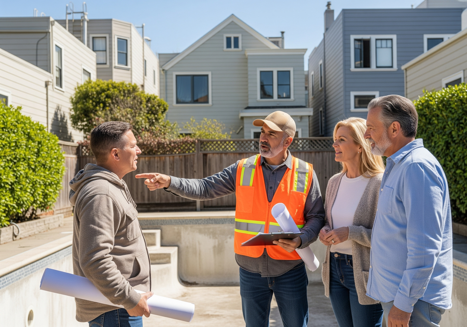 Professional swimming pool demolition San Francisco contractor consulting with homeowner reviewing project plans in typical SF residential backyard