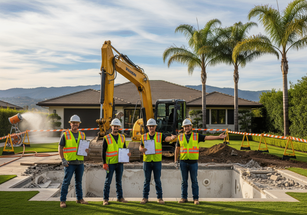 Licensed pool demolition contractors San Jose team with excavator and permits at Silicon Valley residential property
