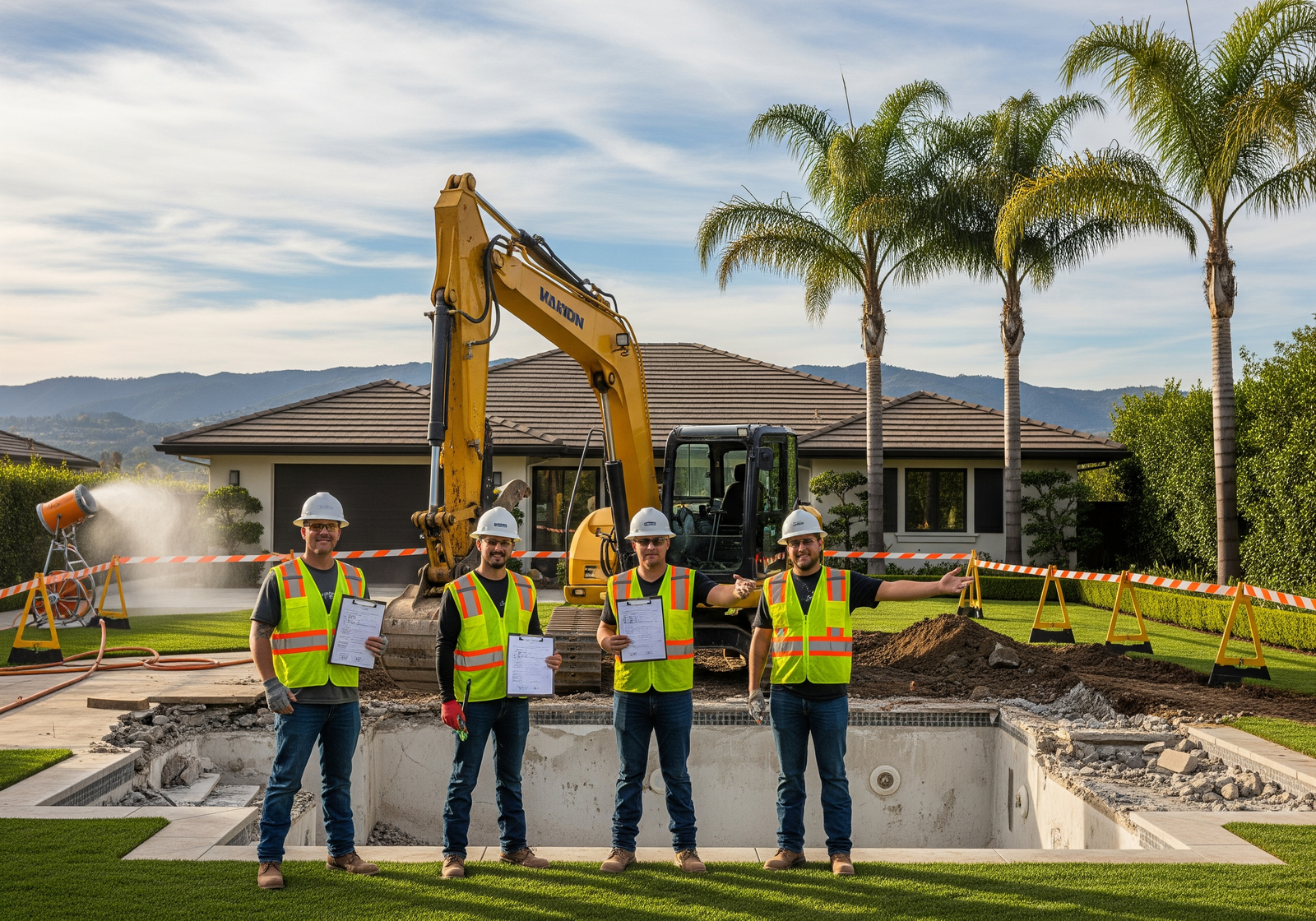 Licensed pool demolition contractors San Jose team with excavator and permits at Silicon Valley residential property