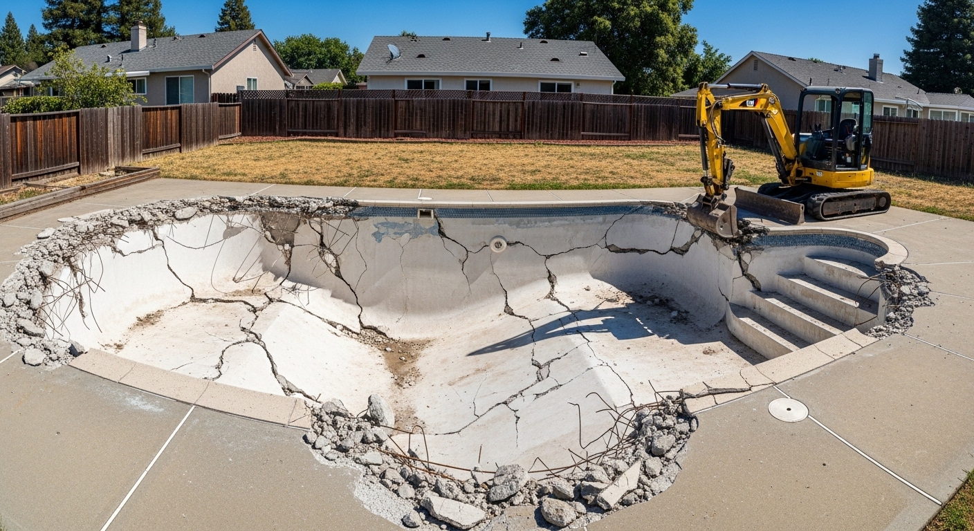 may 2026 pool removal cost — residential pool demolition in progress in Concord CA spring