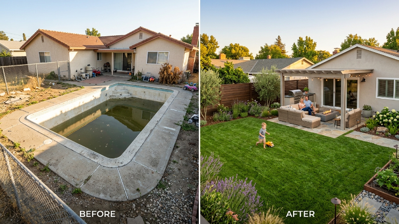 Backyard transformed after pool removal with fresh lawn and patio