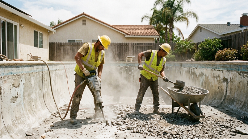 Construction workers draining and filling an in-ground pool during a pool-to-garden patio conversion.