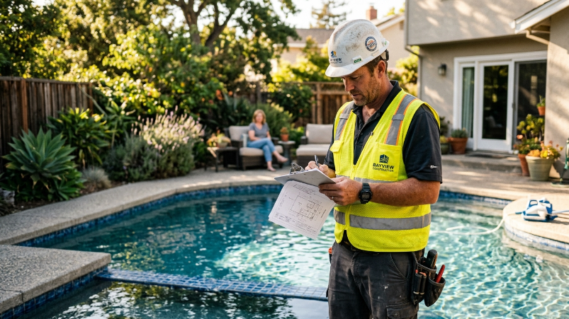 Pool removal contractor reviewing project clipboard at edge of residential Bay Area pool during initial consultation visit