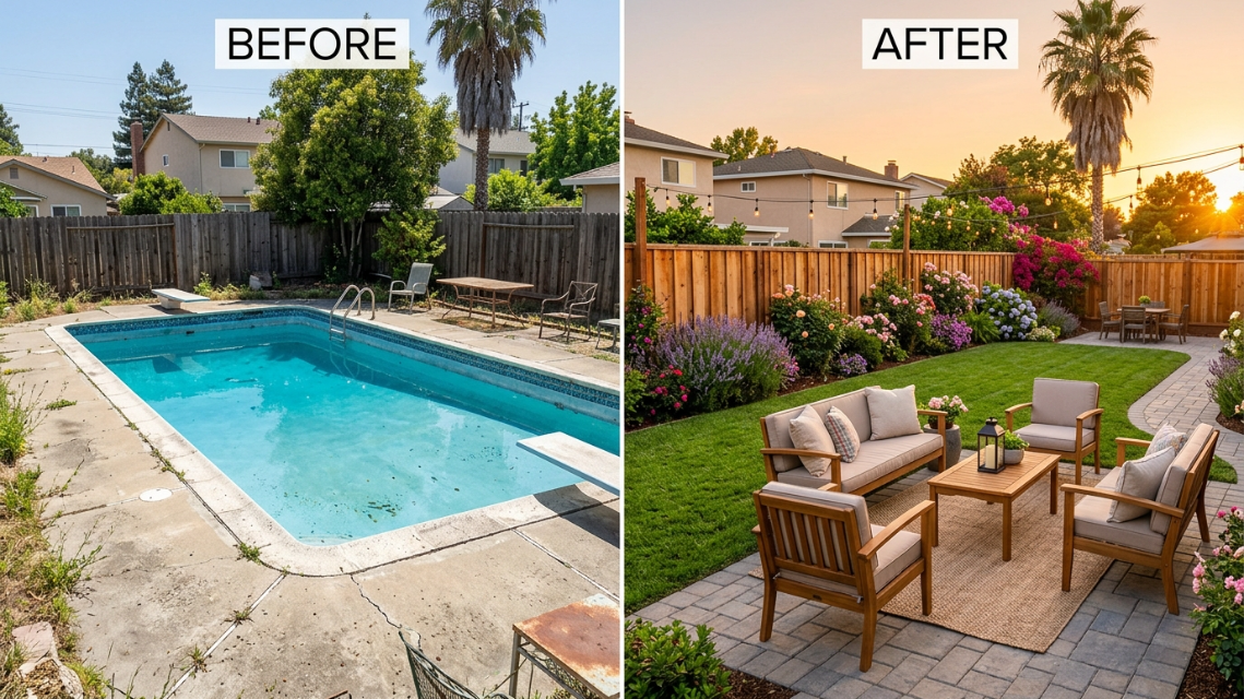 before and after inground pool removal backyard transformation California